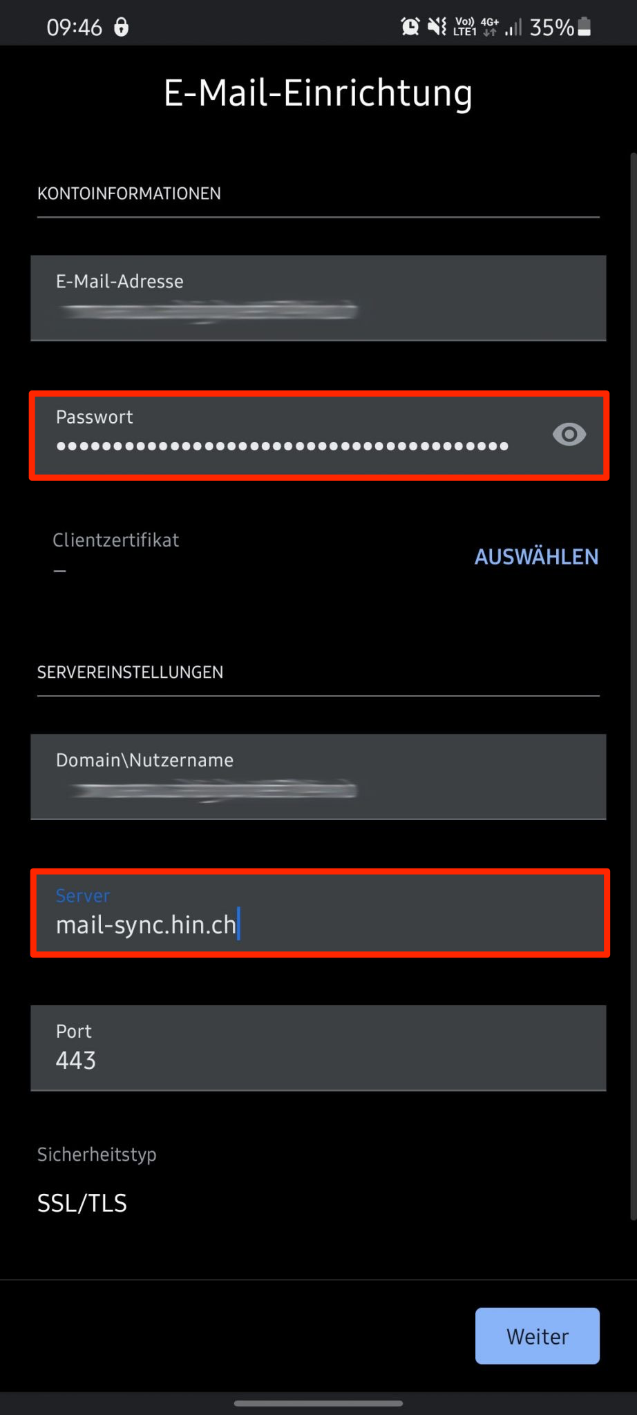 Geben Sie die Servereinstellung ein