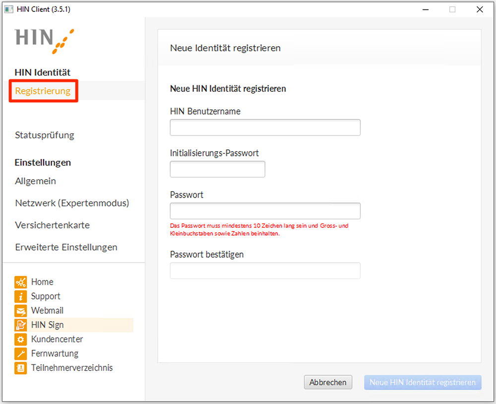 HIN Client Registrierung