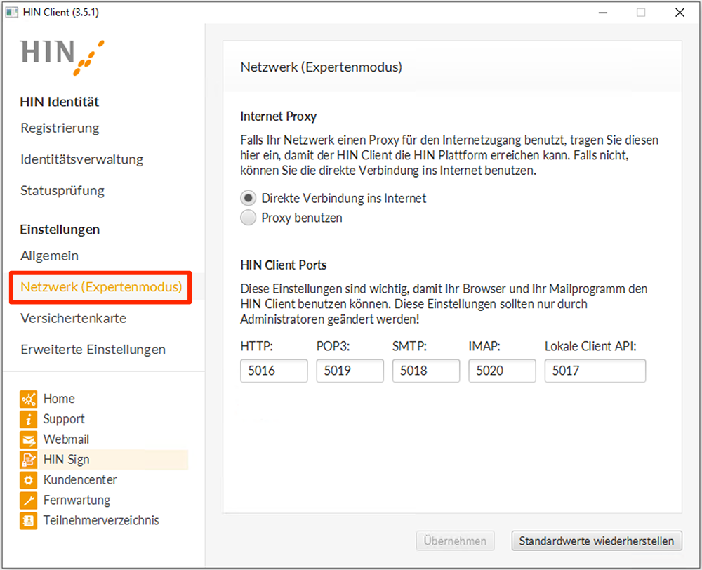 HIN Client Einstellungen Netzwerk
