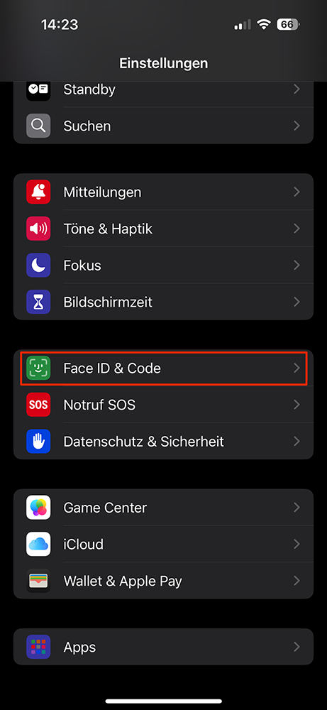 Gehen Sie in den Einstellungen auf Face ID & Code