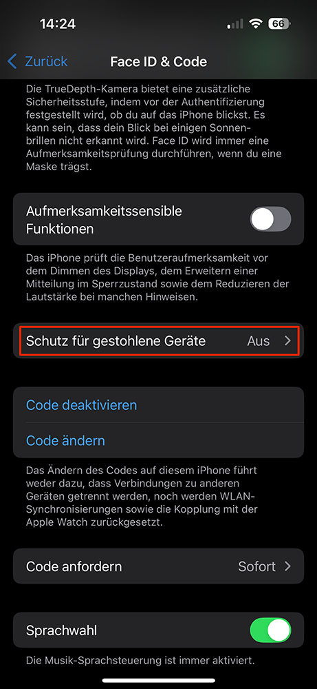Und deaktivieren Sie den «Schutz für gestohlene Geräte»