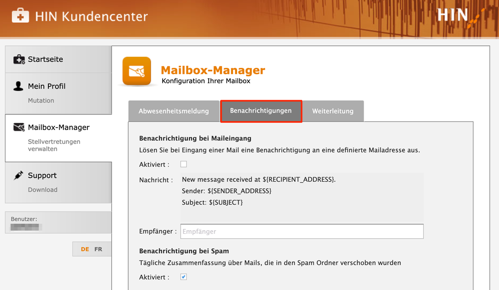Mailbox-Manager-Benachrichtigung
