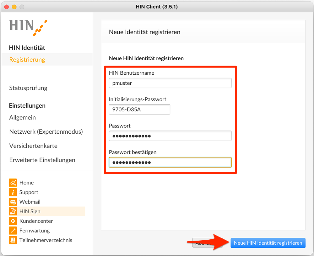 Registrierung HINClient 1