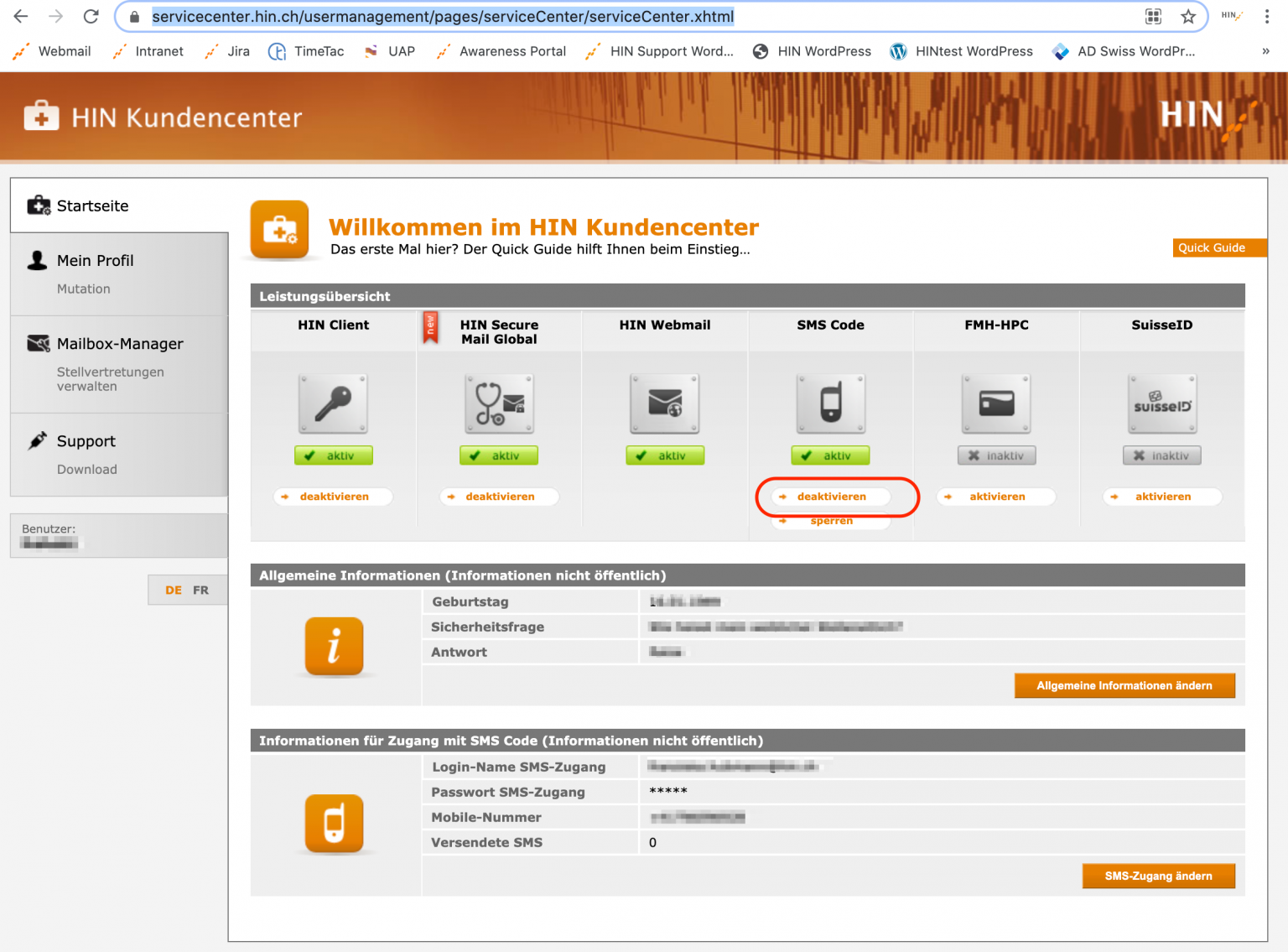 SMS Code deaktivieren