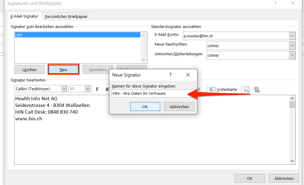 HIN Mail Signatur Outlook 2