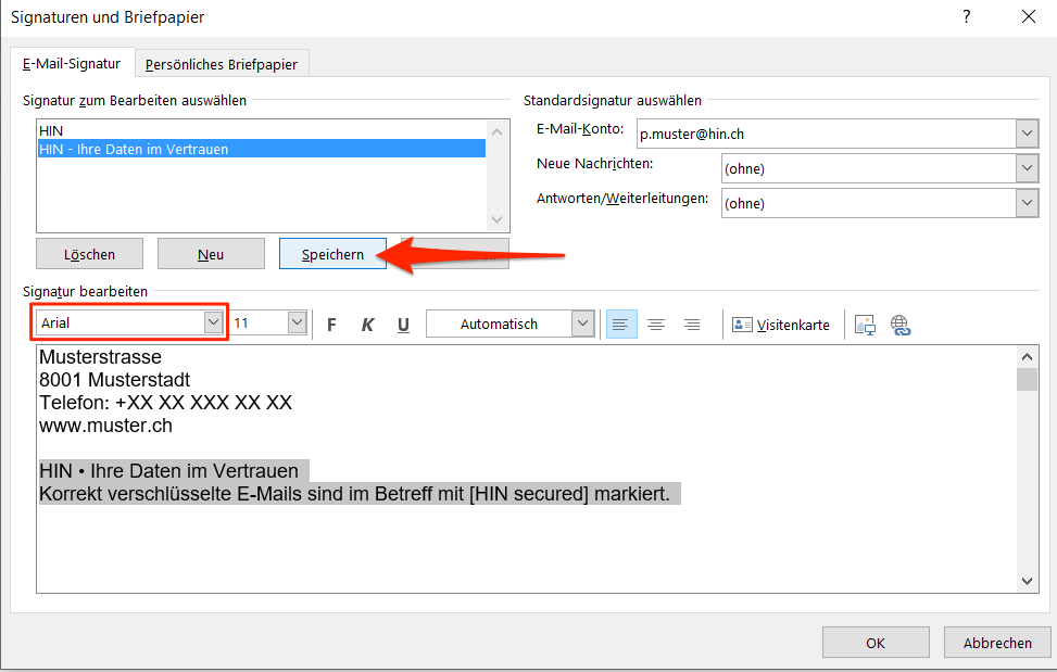 HIN Mail Signatur Outlook 3