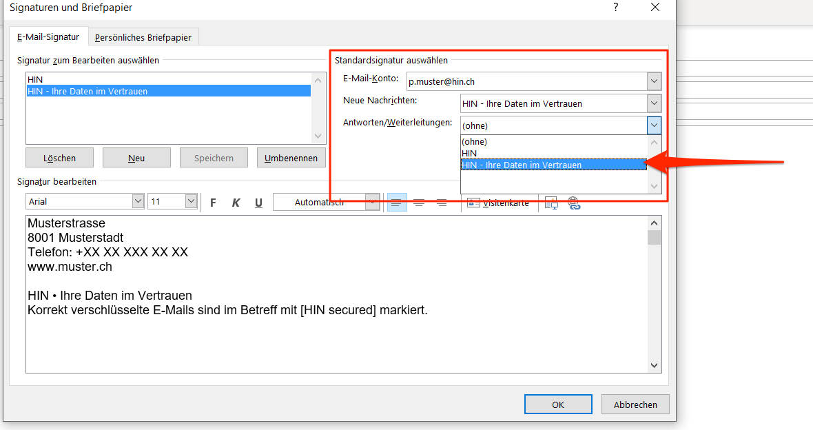 HIN Mail Signatur Outlook 4