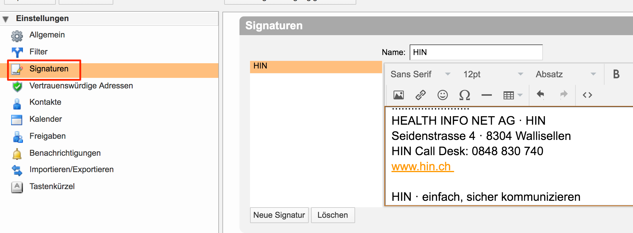 HIN Mail Signatur Webmail 1