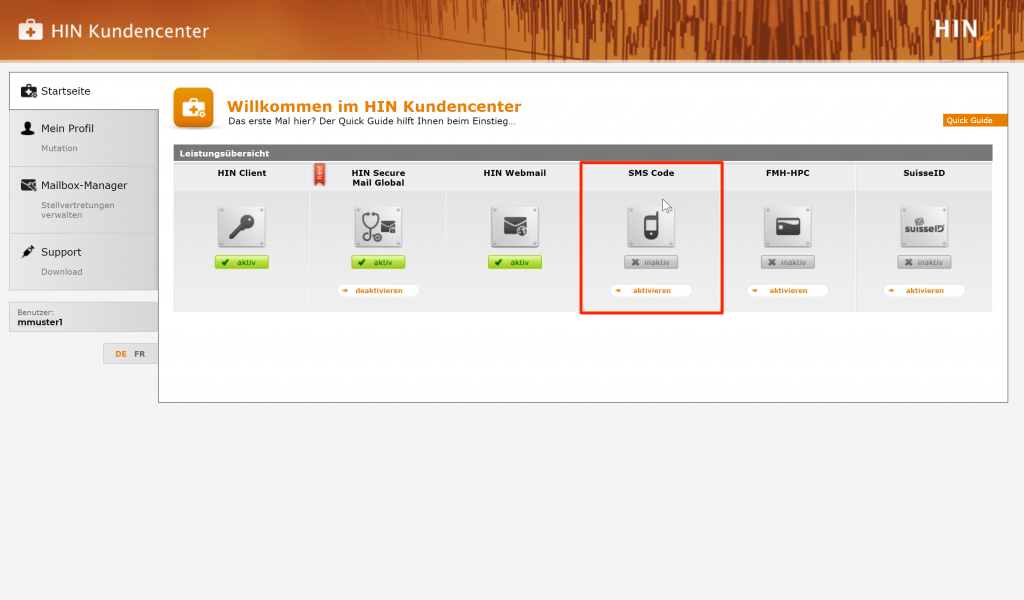 Zugang mit SMS Code 1
