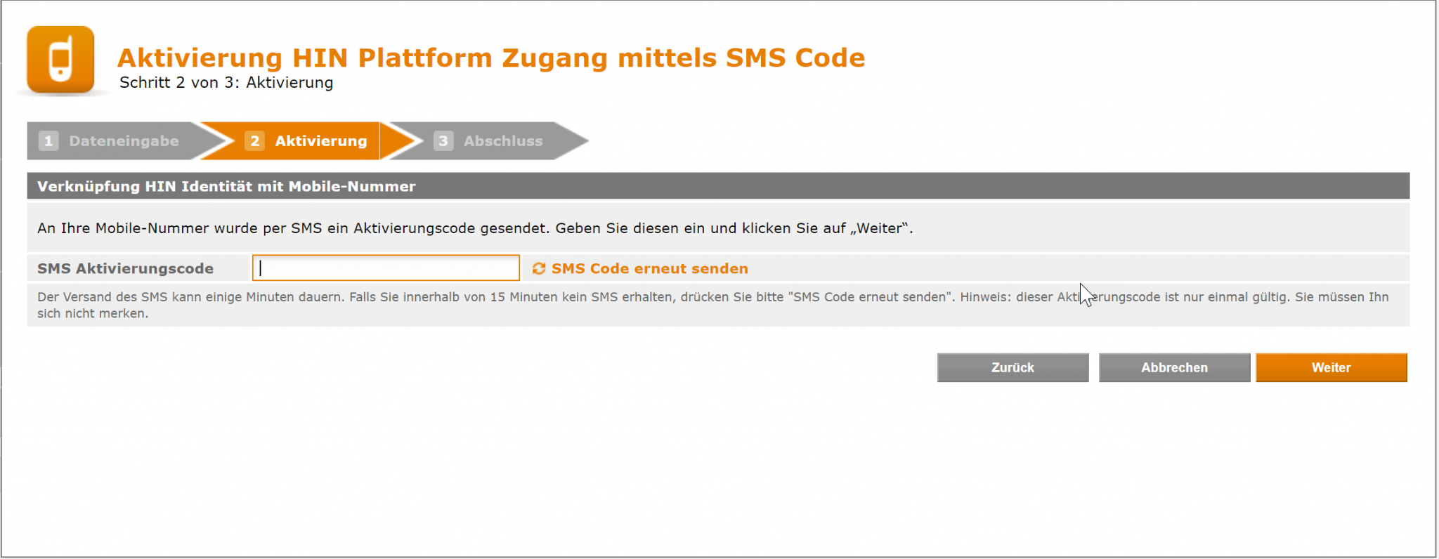 Zugang mit SMS Code 3