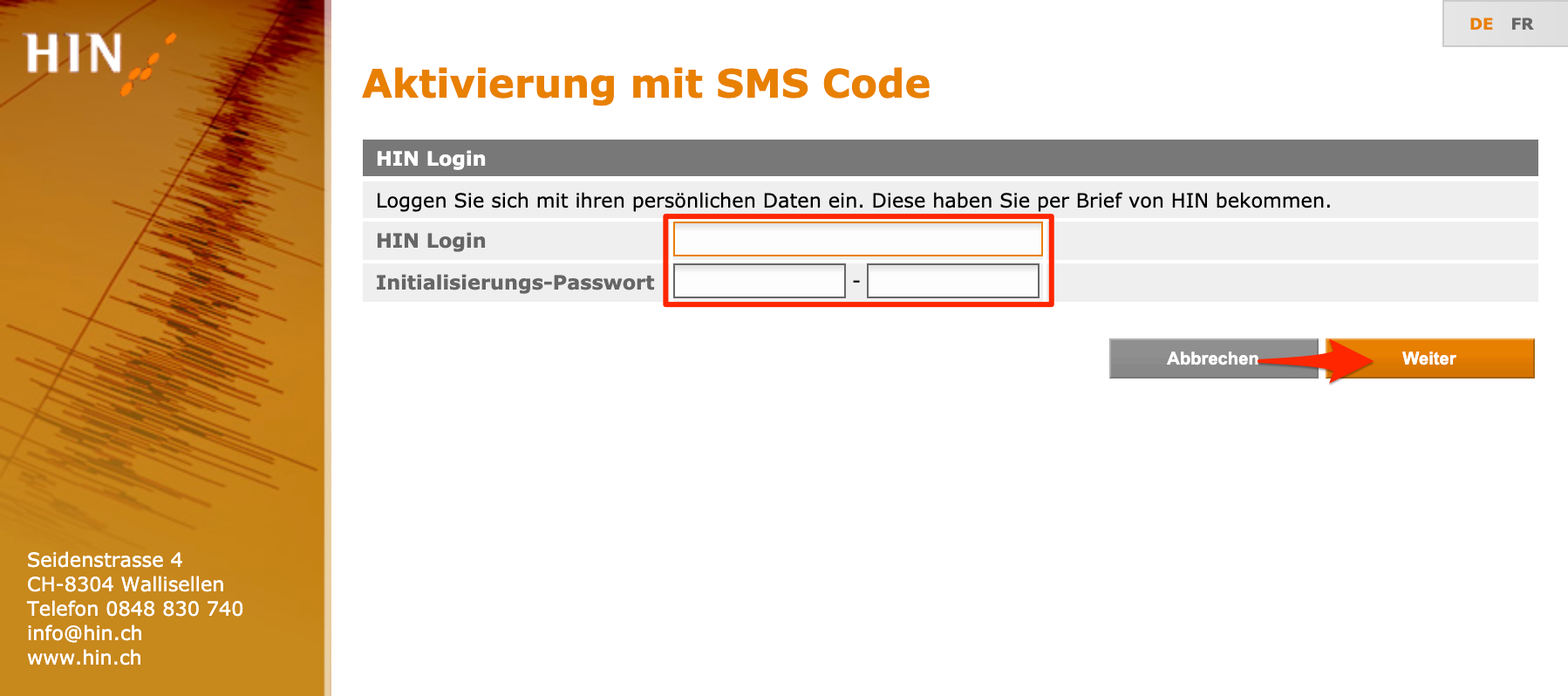 Aktivierung mit SMS