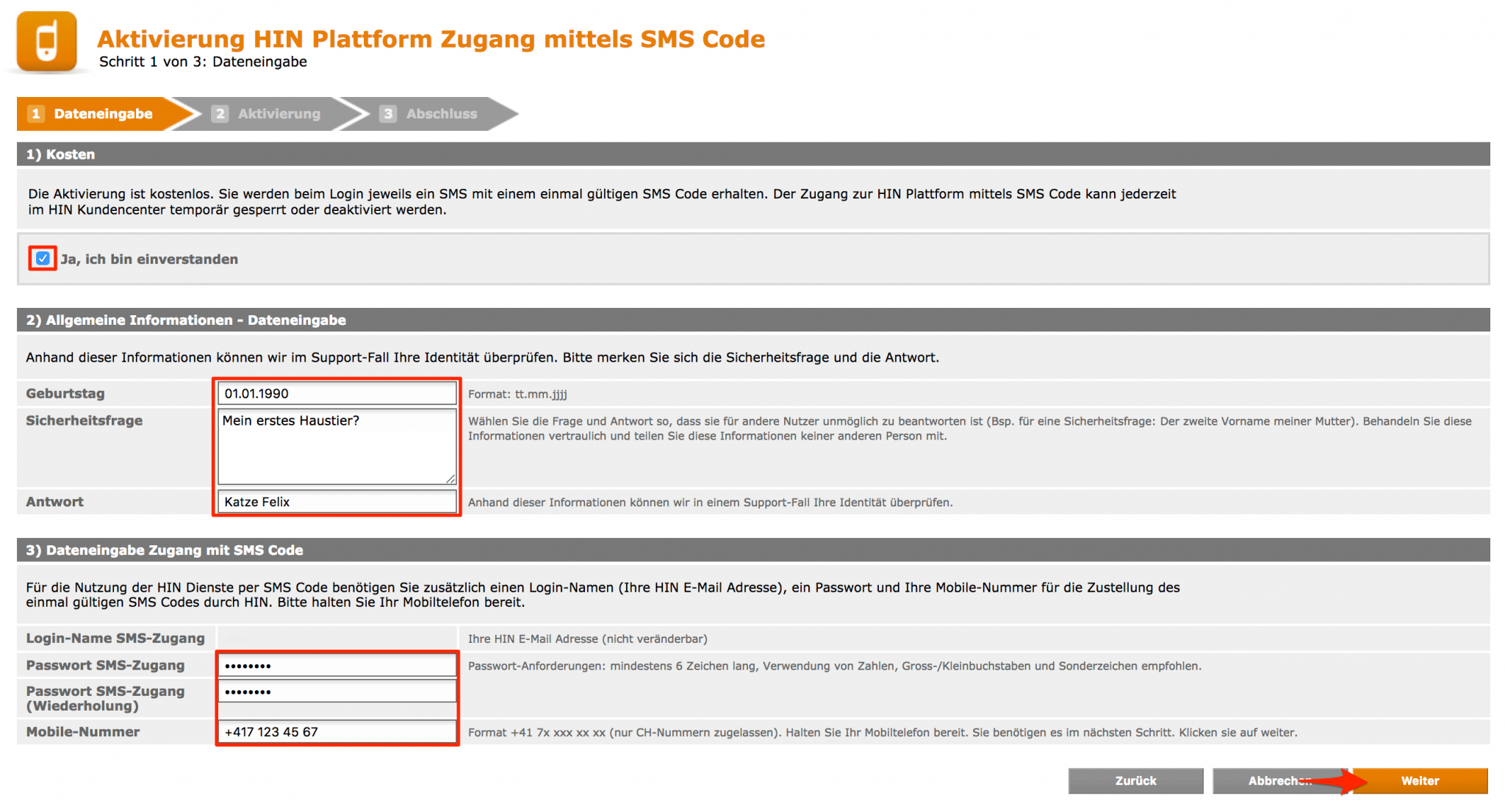 Aktivierung mit SMS 1