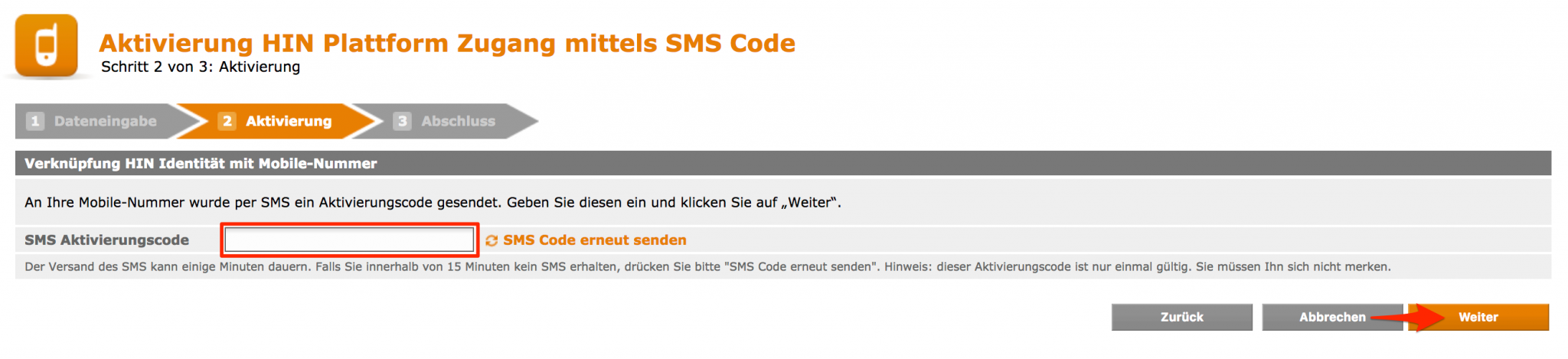Aktivierung mit SMS 2