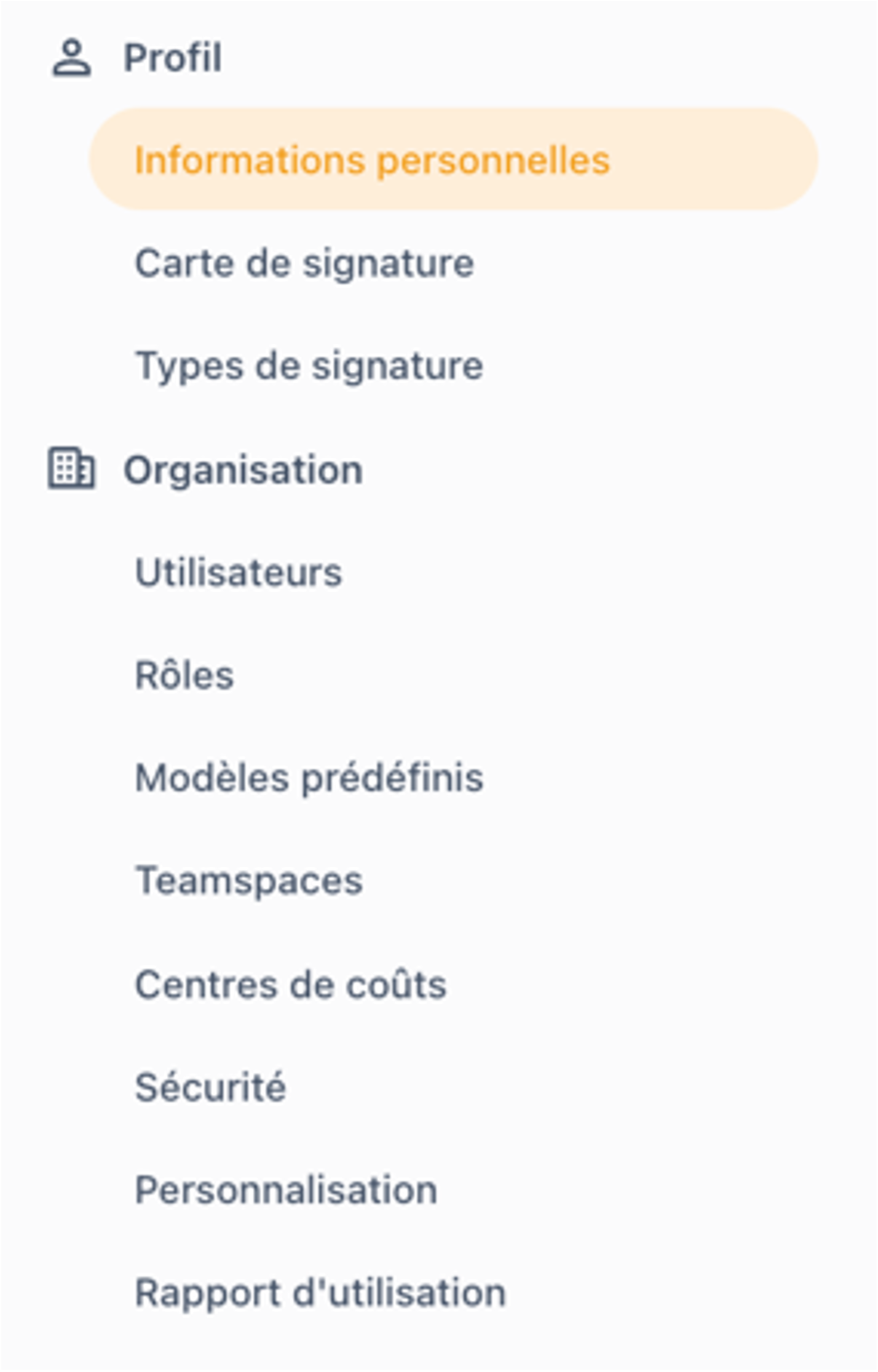 &Eacute;l&eacute;ments du menu "R&eacute;glages" dans la vue administrateur