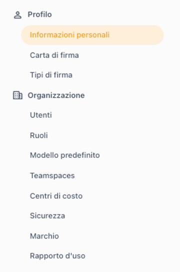 Voci del menu "Impostazioni" nella vista amministratore